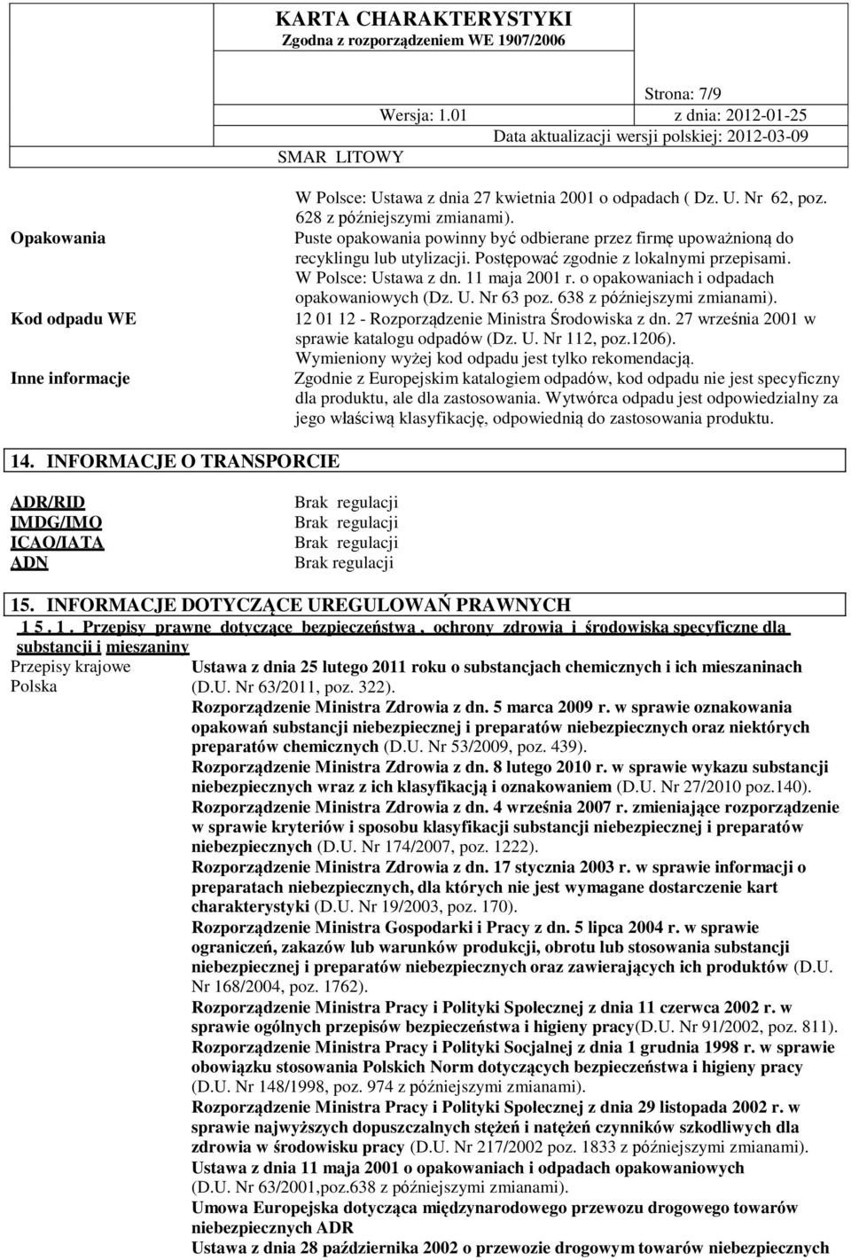 o opakowaniach i odpadach opakowaniowych (Dz. U. Nr 63 poz. 638 z późniejszymi zmianami). 12 01 12 - Rozporządzenie Ministra Środowiska z dn. 27 września 2001 w sprawie katalogu odpadów (Dz. U. Nr 112, poz.