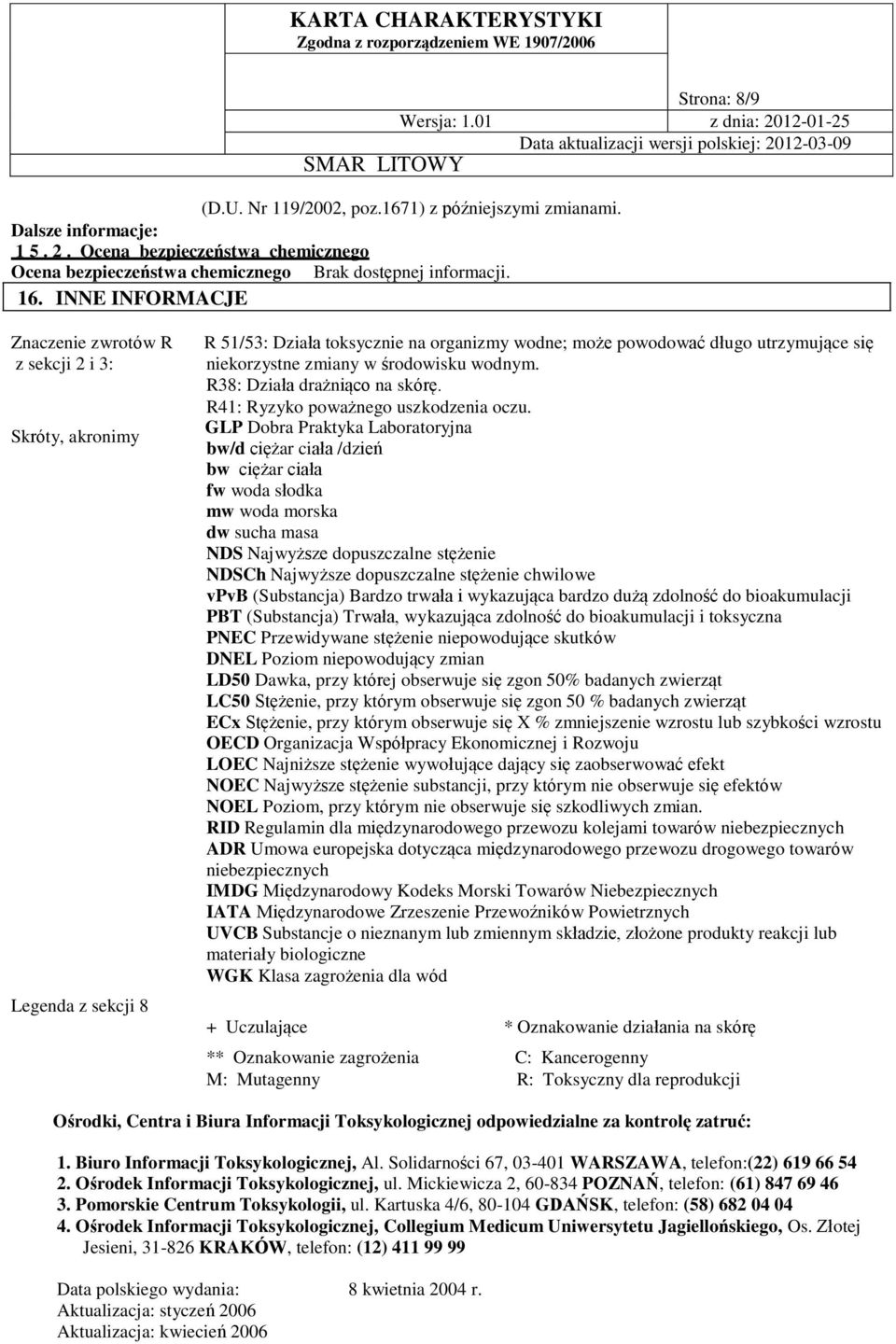 środowisku wodnym. R38: Działa drażniąco na skórę. R41: Ryzyko poważnego uszkodzenia oczu.