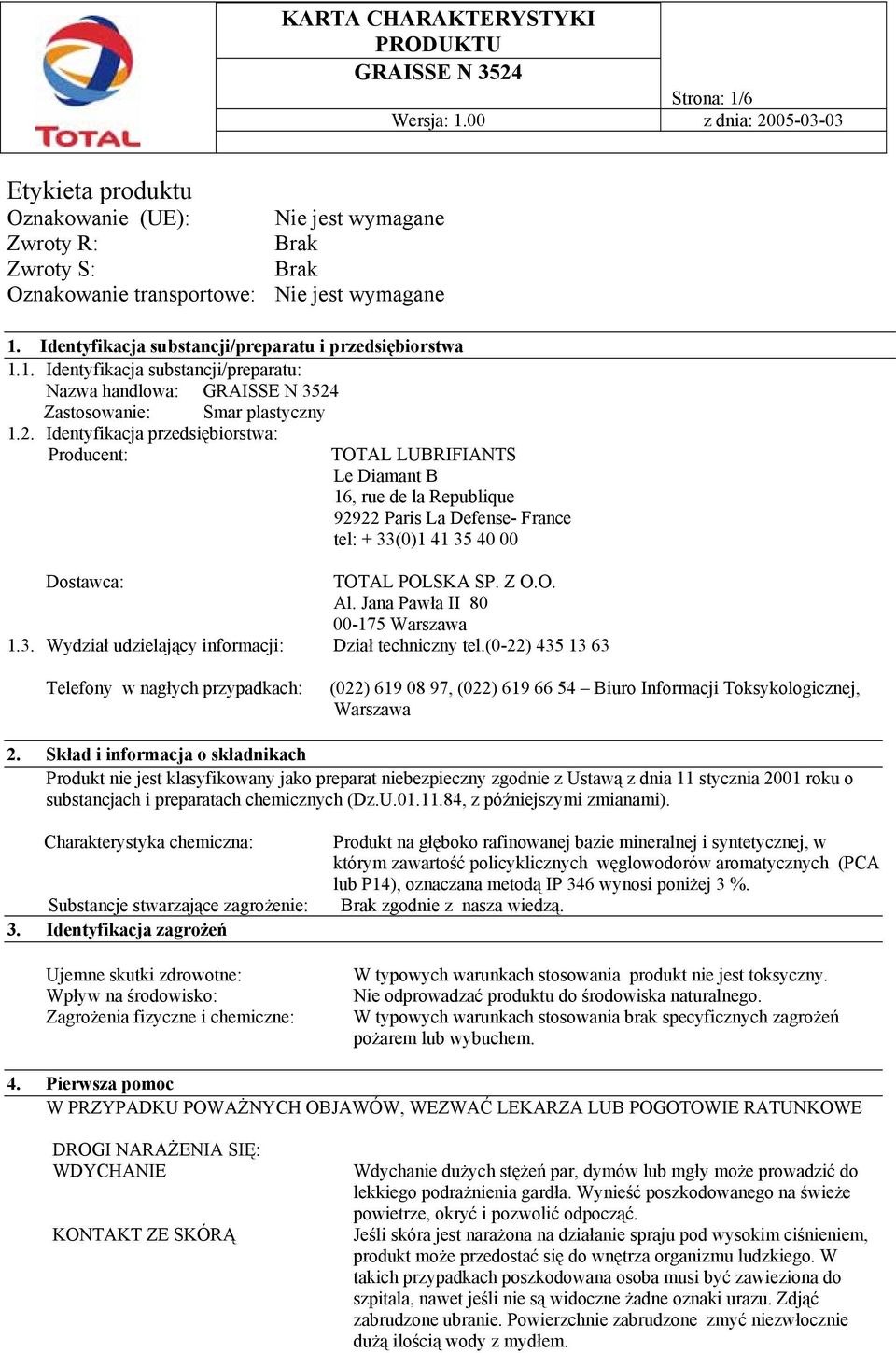 SP. Z O.O. Al. Jana Pawła II 80 00-175 Warszawa 1.3. Wydział udzielający informacji: Dział techniczny tel.