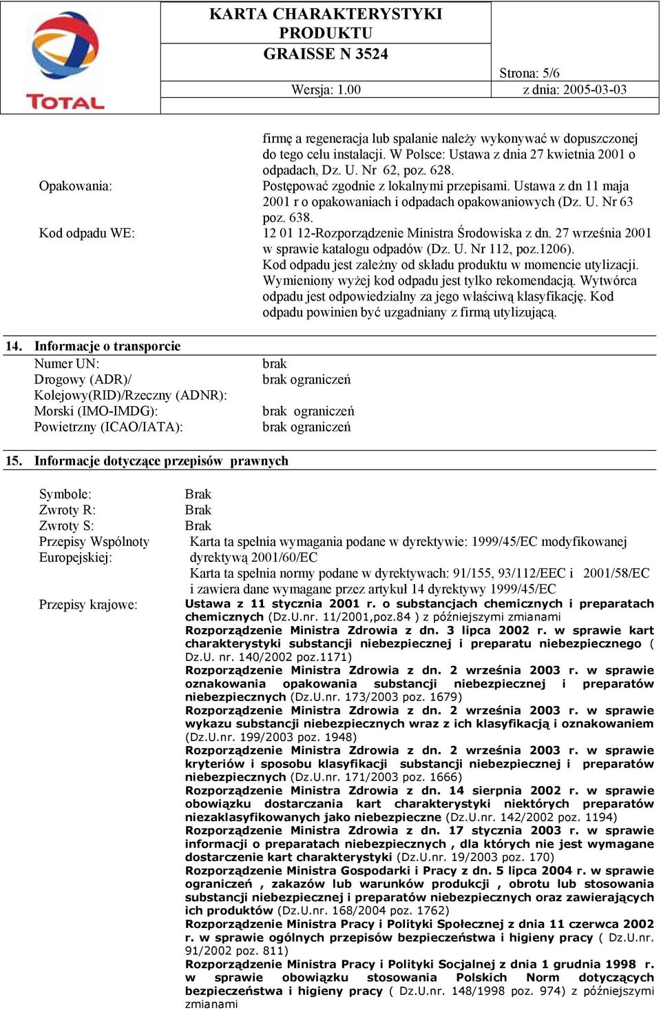 27 września 2001 w sprawie katalogu odpadów (Dz. U. Nr 112, poz.1206). Kod odpadu jest zależny od składu produktu w momencie utylizacji. Wymieniony wyżej kod odpadu jest tylko rekomendacją.