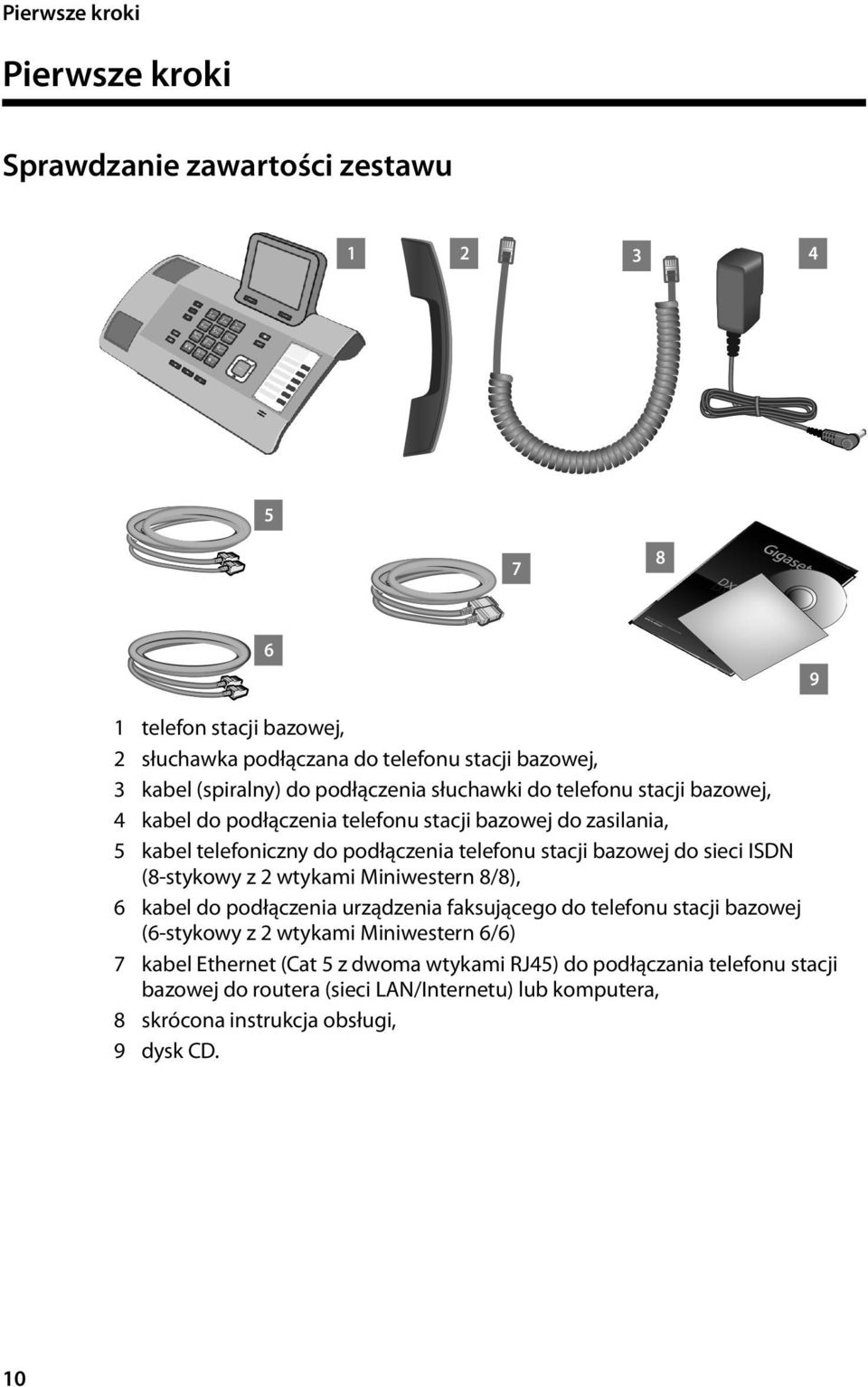 stacji bazowej do sieci ISDN (8-stykowy z 2 wtykami Miniwestern 8/8), 6 kabel do podłączenia urządzenia faksującego do telefonu stacji bazowej (6-stykowy z 2 wtykami