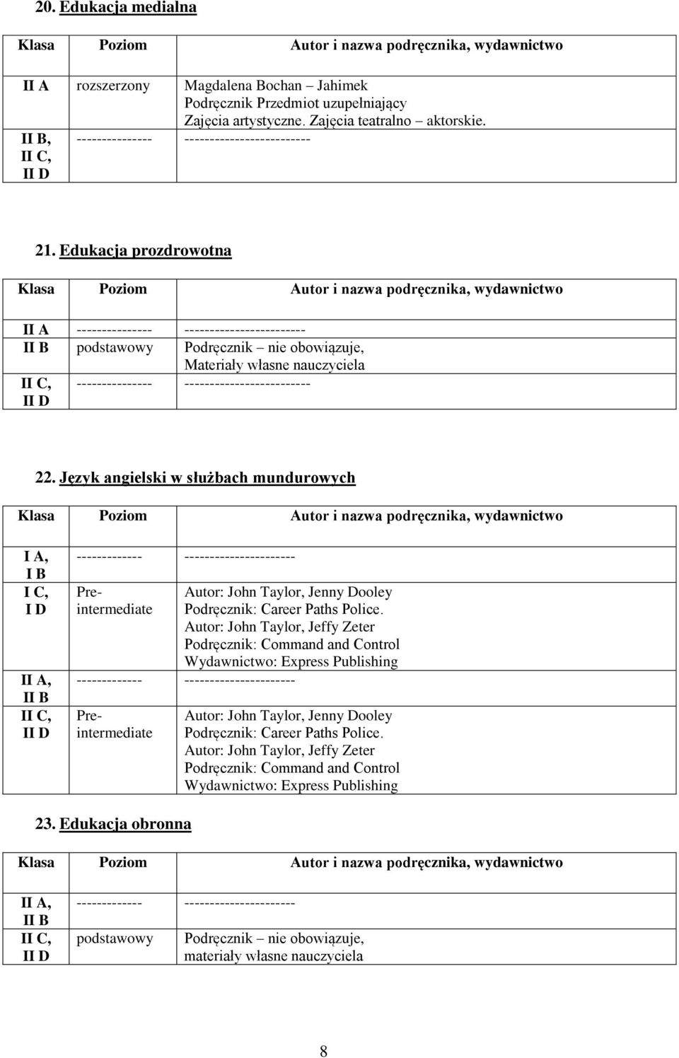 Język angielski w służbach mundurowych I B I II B I ------------- ---------------------- Preintermediate Autor: John Taylor, Jenny Dooley Podręcznik: Career Paths Police.