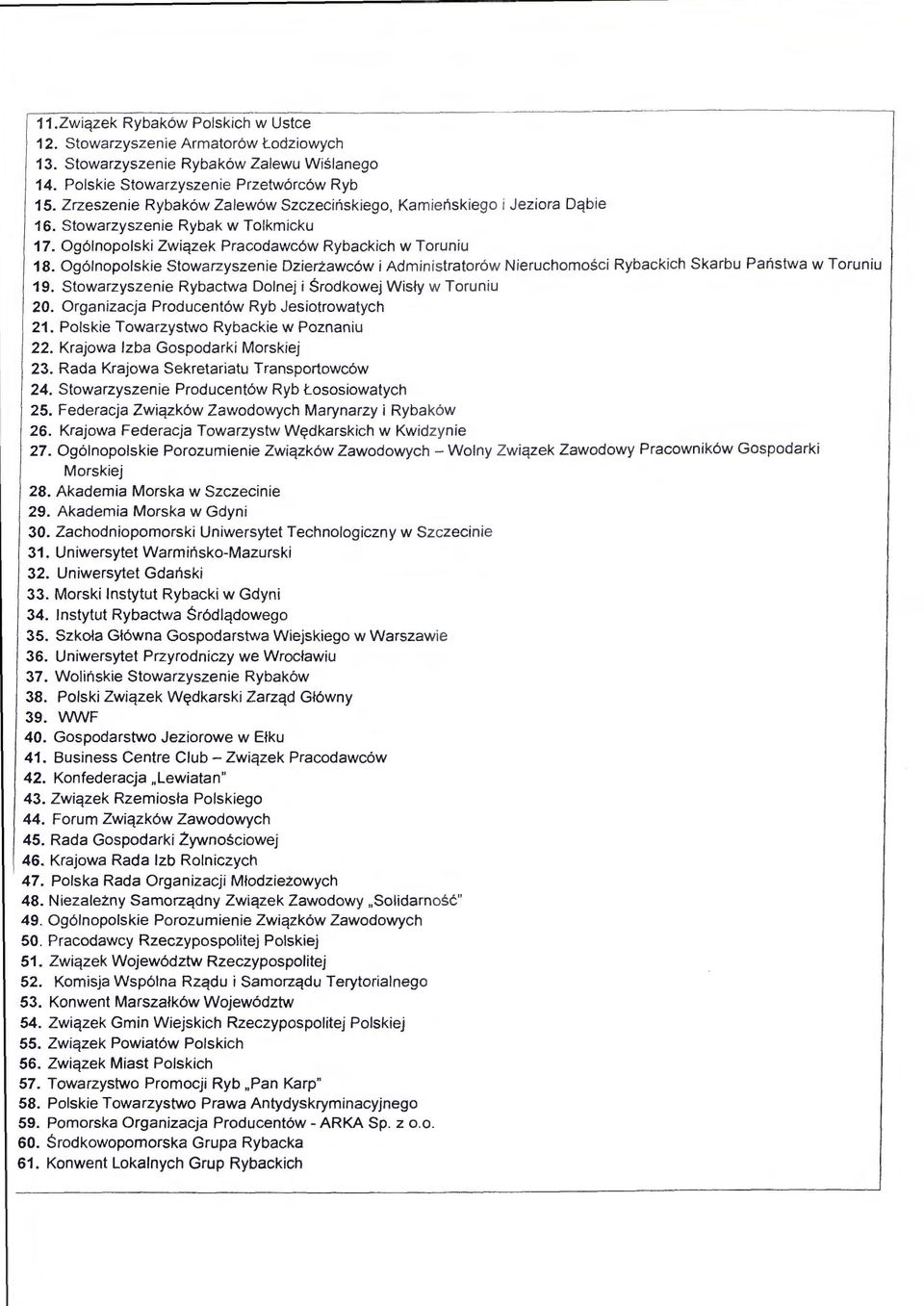 Og61nopolskie Stowarzyszenie Dzierzawc6w i Administrator6w Nieruchomosci Rybackich Skarbu Paristwa w Toruniu 19. Stowarzyszenie Rybactwa Dolnej i Srodkowej Wisty w Torun iu 20.