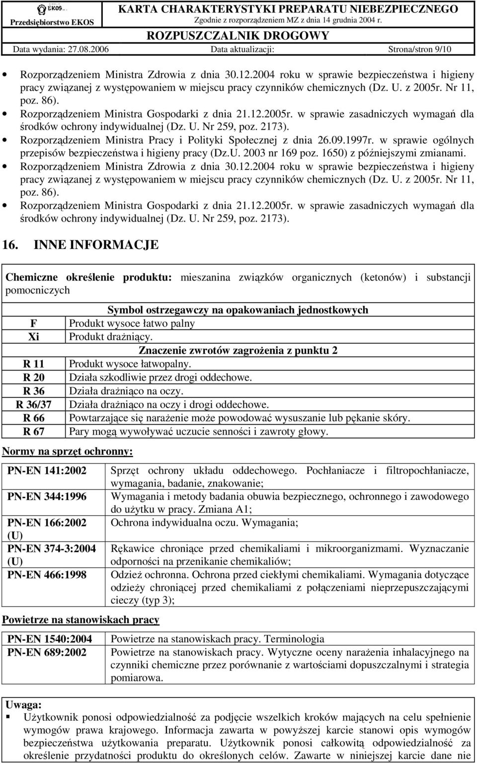 2005r. w sprawie zasadniczych wymagań dla środków ochrony indywidualnej (Dz. U. Nr 259, poz. 2173). Rozporządzeniem Ministra Pracy i Polityki Społecznej z dnia 26.09.1997r.