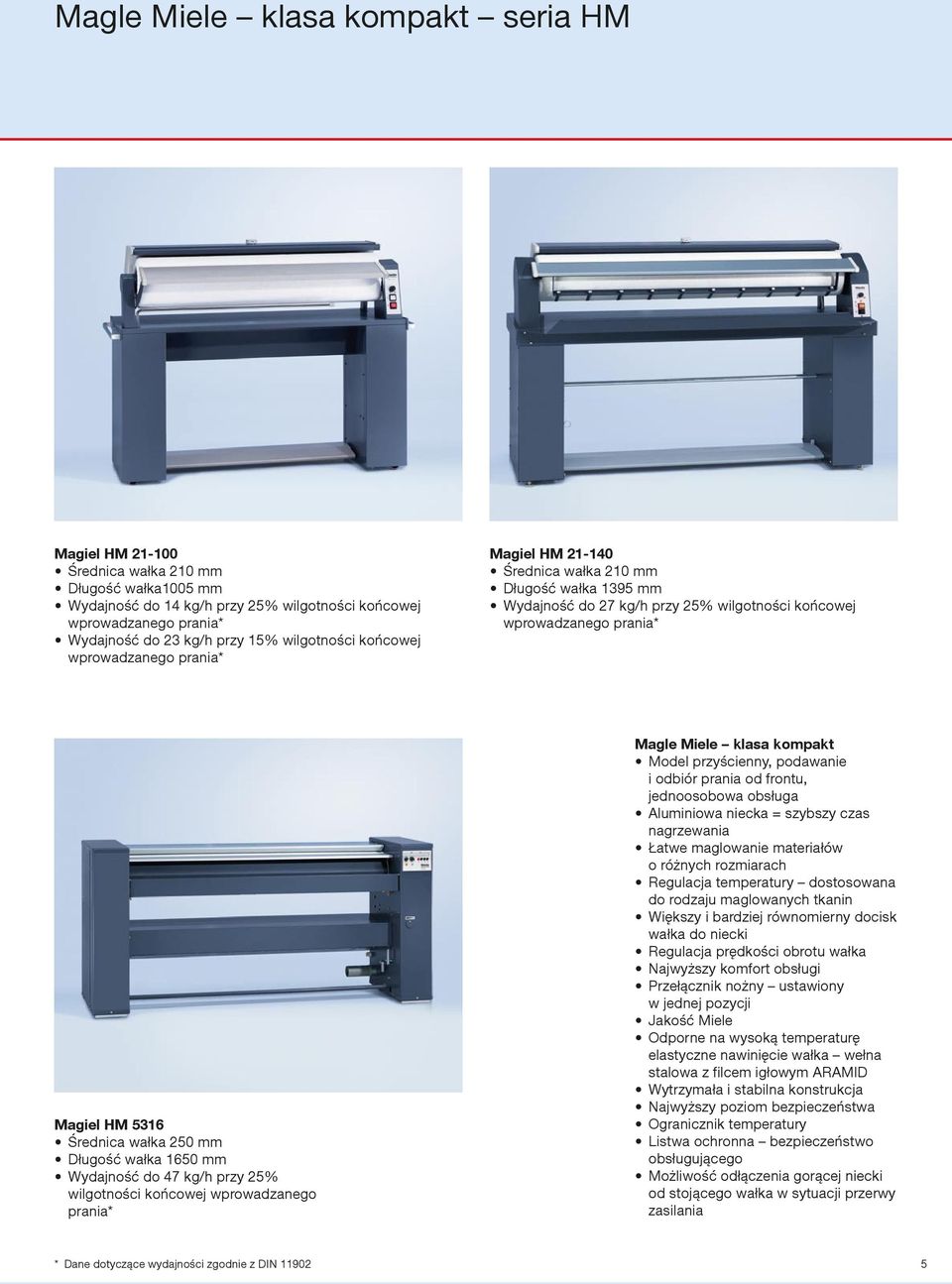 Średnica wałka 250 mm Długość wałka 1650 mm Wydajność do 47 kg/h przy 25% wilgotności końcowej wprowadzanego prania* Magle Miele klasa kompakt Model przyścienny, podawanie i odbiór prania od frontu,