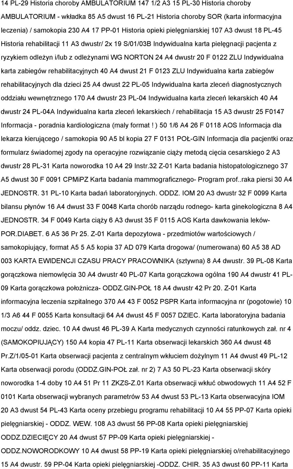 dwustr 20 F 0122 ZLU Indywidualna karta zabiegów rehabilitacyjnych 40 A4 dwust 21 F 0123 ZLU Indywidualna karta zabiegów rehabilitacyjnych dla dzieci 25 A4 dwust 22 PL-05 Indywidualna karta zleceń