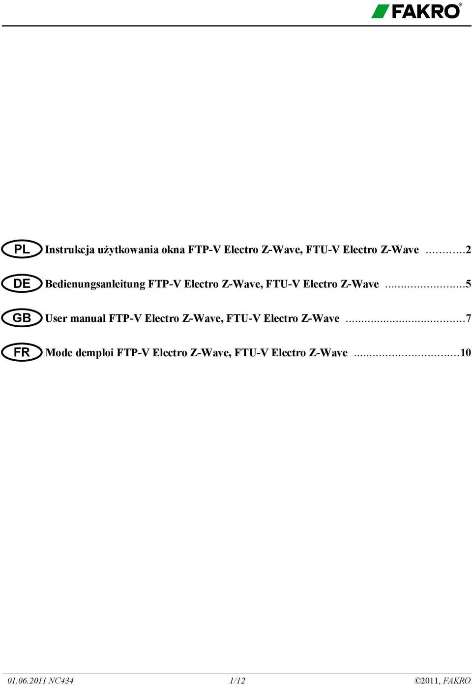 ..5 GB User manual FTP-V Electro Z-Wave, FTU-V Electro Z-Wave.