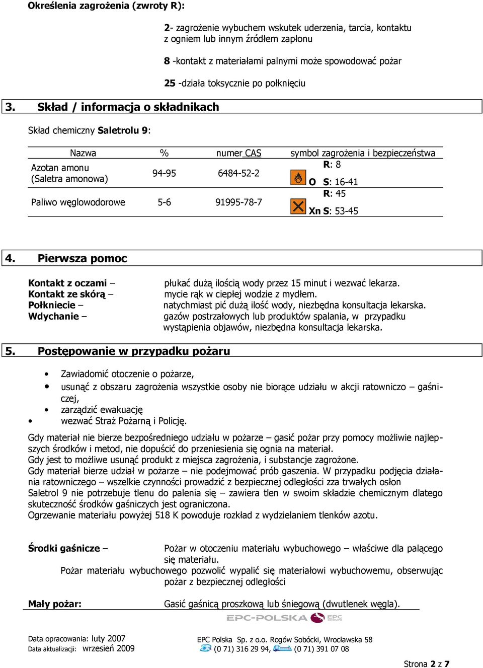 spowodować pożar 25 -działa toksycznie po połknięciu Nazwa % numer CAS symbol zagrożenia i bezpieczeństwa Azotan amonu R: 8 94-95 6484-52-2 (Saletra amonowa) O S: 16-41 R: 45 Paliwo węglowodorowe 5-6