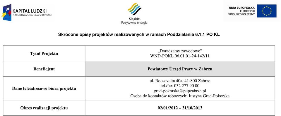 01-24-142/11 Powiatowy Urząd Pracy w Zabrzu ul. Roosevelta 40a, 41-800 Zabrze tel.