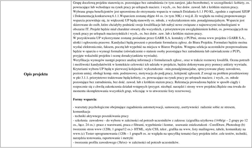 Wybrana grupa beneficjentów jest uprawniona do otrzymania wsparcia w ramach Działania 6.1.1 PO KL, zgodnie z zapisami SZOP i Dokumentacją konkursową 6.1.1.Wsparciem zostaną objęte 44 os.