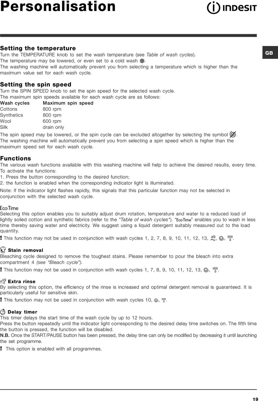 Setting the spin speed Turn the SPIN SPEED knob to set the spin speed for the selected wash cycle.