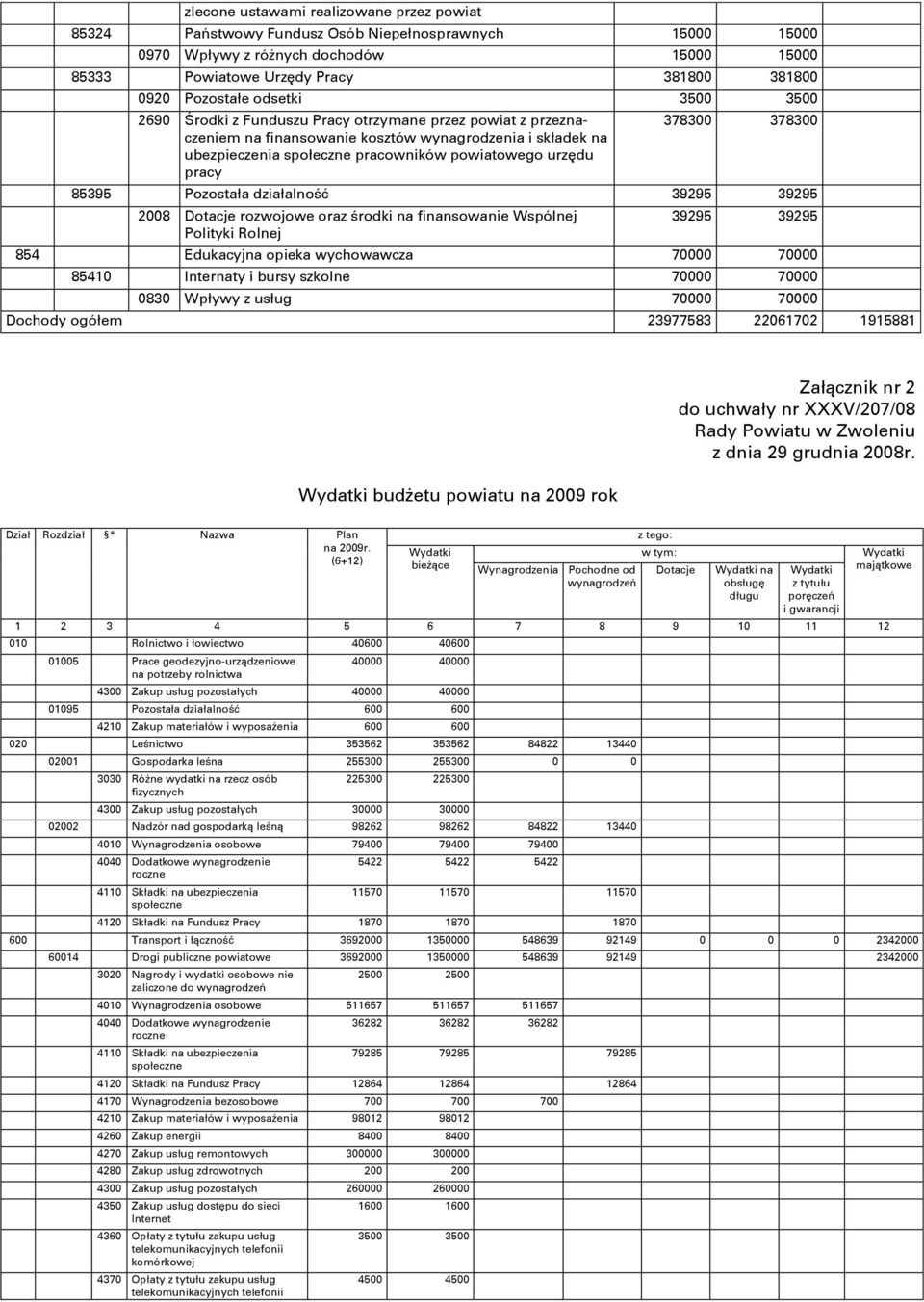 378300 378300 85395 Pozostała działalność 39295 39295 2008 Dotacje rozwojowe oraz środki na finansowanie Wspólnej Polityki Rolnej 39295 39295 854 Edukacyjna opieka wychowawcza 70000 70000 85410