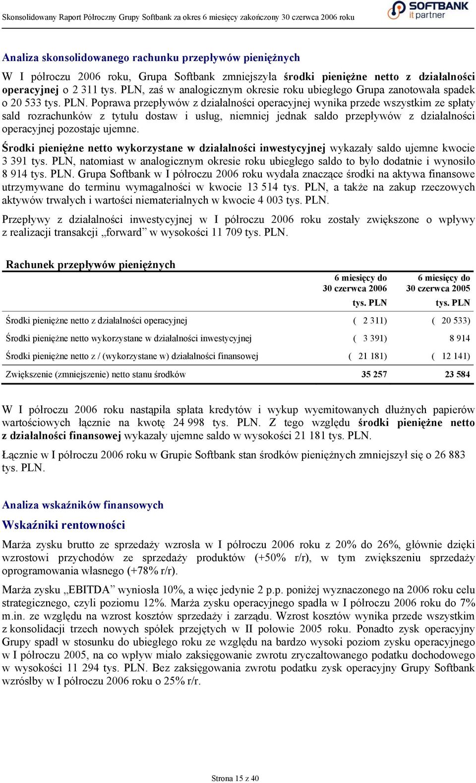 Poprawa przepływów z działalności operacyjnej wynika przede wszystkim ze spłaty sald rozrachunków z tytułu dostaw i usług, niemniej jednak saldo przepływów z działalności operacyjnej pozostaje ujemne.