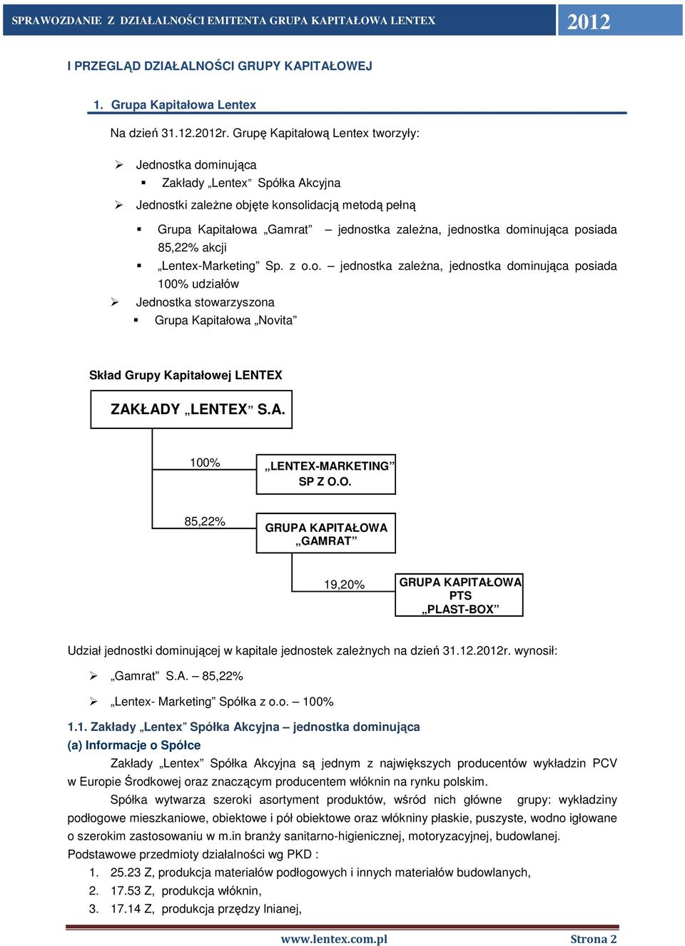 Grupę Kapitałową Lentex tworzyły: Jednostka dominująca Zakłady Lentex Spółka Akcyjna Jednostki zależne objęte konsolidacją metodą pełną Grupa Kapitałowa Gamrat jednostka zależna, jednostka dominująca