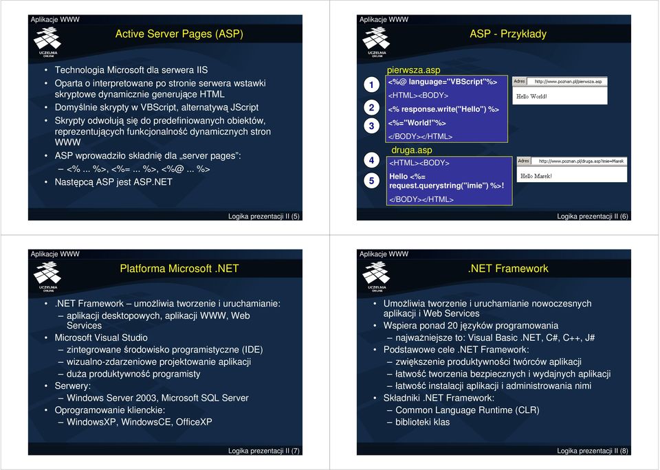 Następcą ASP jest ASP.NET pierwsza.asp <%@ language="vbscript"%> <HTML><BODY> <% response.write("hello") %> <%="World!"%> </BODY></HTML> druga.asp <HTML><BODY> Hello <%= request.