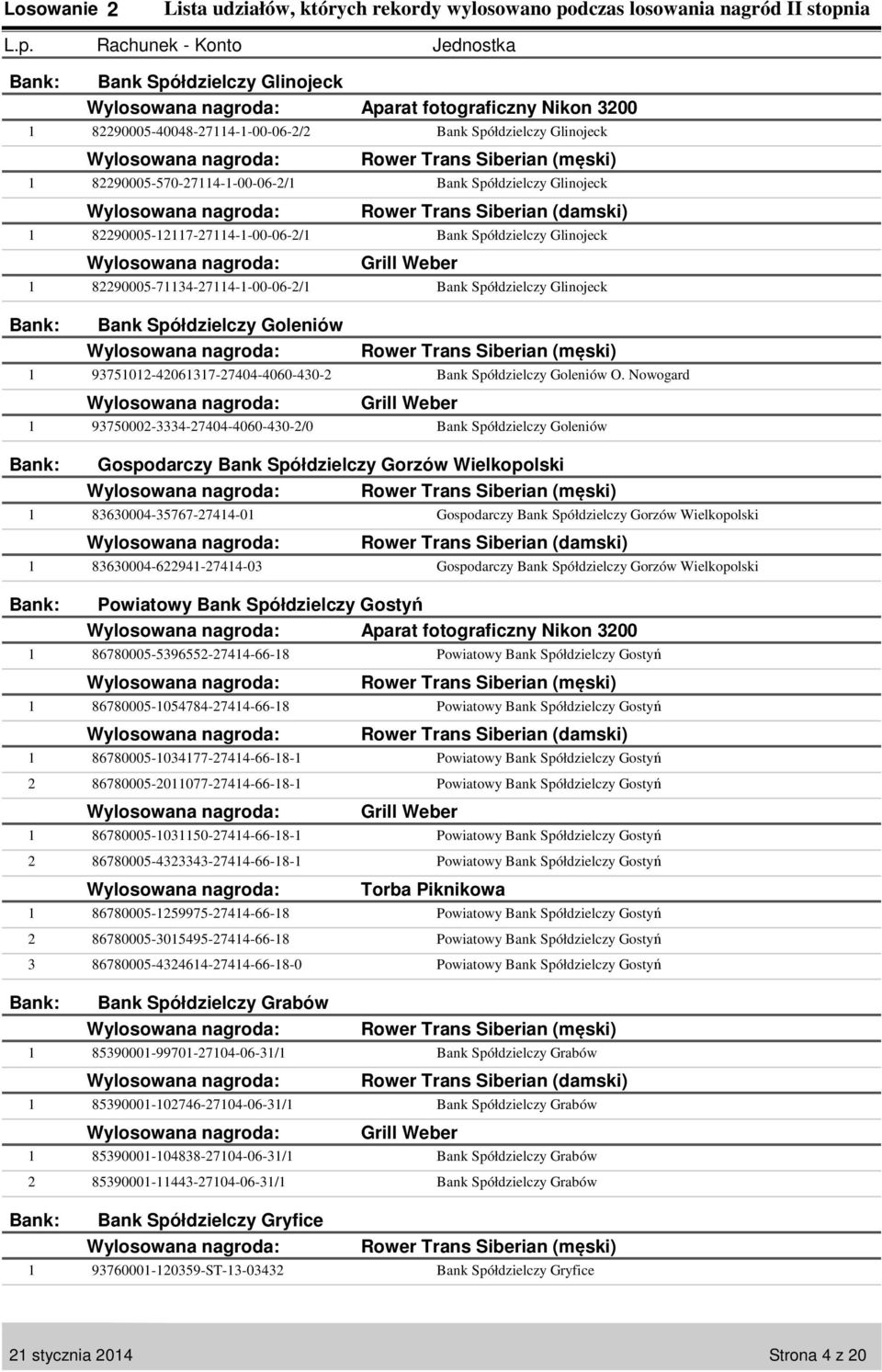 Nowogard 97000--70-060-0-/0 Bank Spółdzielczy Goleniów Gospodarczy Bank Spółdzielczy Gorzów Wielkopolski 86000-767-7-0 Gospodarczy Bank Spółdzielczy Gorzów Wielkopolski 86000-69-7-0 Gospodarczy Bank