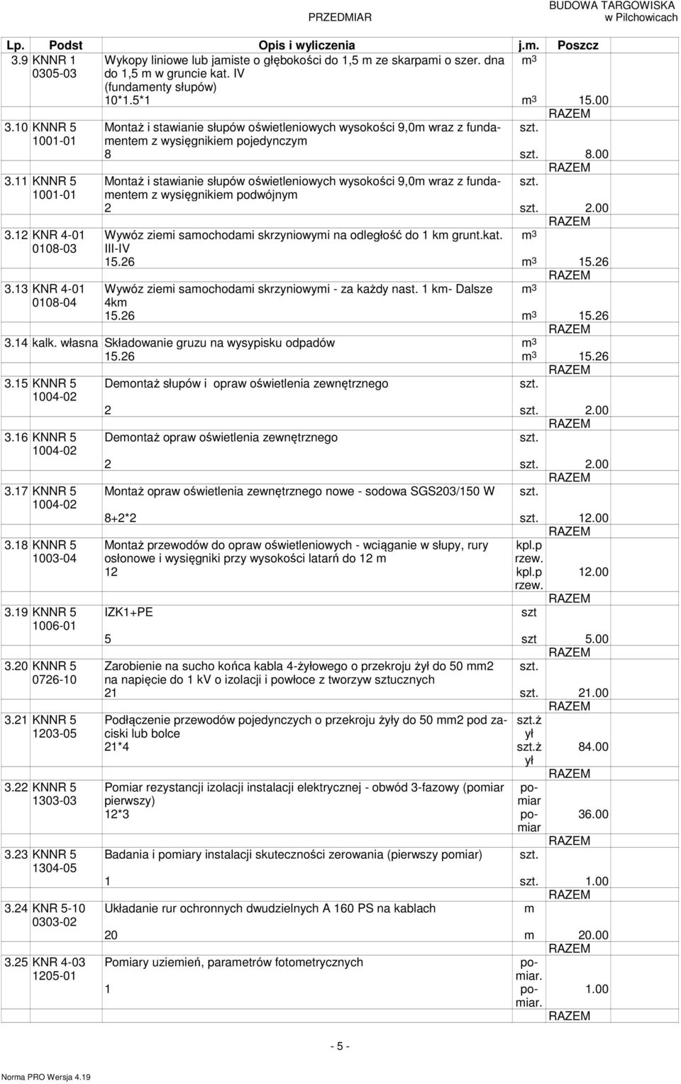 KNNR 5 Montaż i stawianie słupów oświetleniowych wysokości 9,0 wraz z fundaente 00-0 z wysięgnikie podwójny 2 2.00 3.2 KNR 4-0 Wywóz ziei saochodai skrzyniowyi na odległość do k grunt.kat.