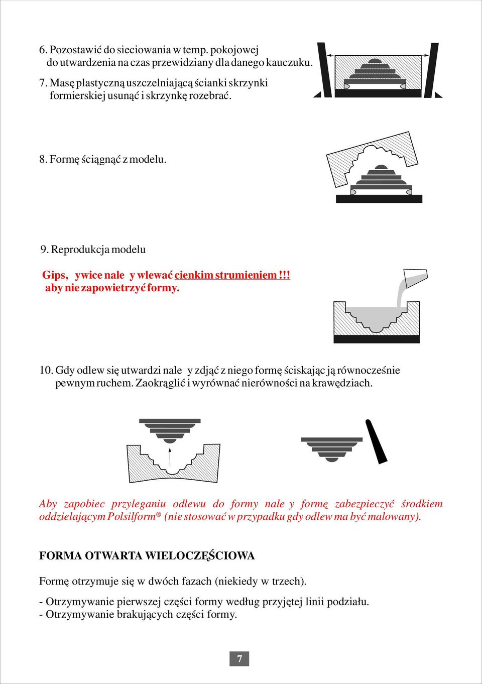 Gdy odlew się utwardzi należy zdjąć z niego formę ściskając ją równocześnie pewnym ruchem. Zaokrąglić i wyrównać nierówności na krawędziach.