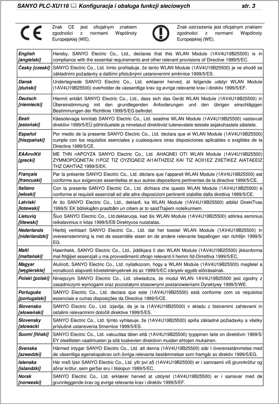 , declares that this WLAN Module (1AV4U19B25500) is in compliance with the essential requirements and other relevant provisions of Directive 1999/5/EC. Česky [czeski] SANYO Electric Co., Ltd.