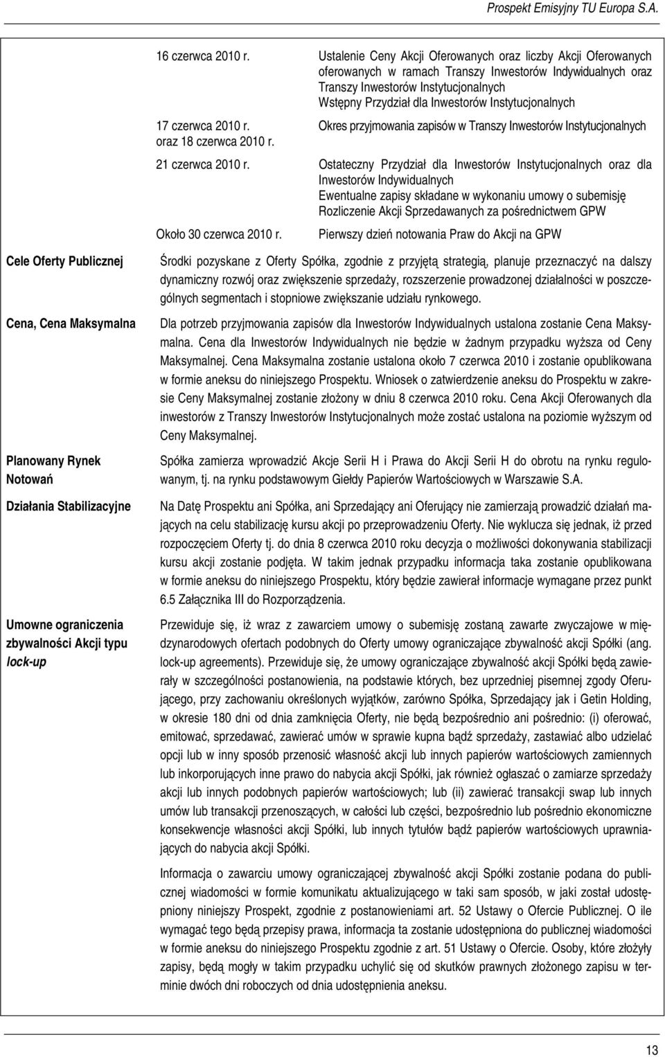 Instytucjonalnych 17 czerwca 2010 r. Okres przyjmowania zapisów w Transzy Inwestorów Instytucjonalnych oraz 18 czerwca 2010 r. 21 czerwca 2010 r.