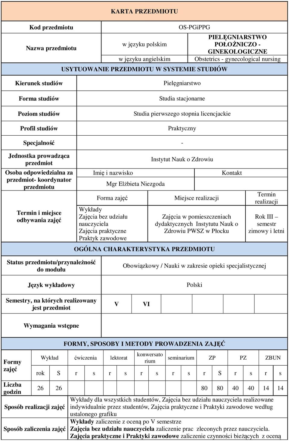Osoba odpowiedzialna za przedmiot- koordynator przedmiotu Termin i miejsce odbywania zajęć Imię i nazwisko Mgr Elżbieta Niezgoda Forma zajęć ykłady Zajęcia bez udziału nauczyciela Zajęcia praktyczne