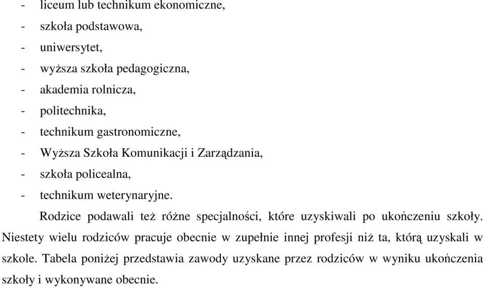 Rodzice podawali teŝ róŝne specjalności, które uzyskiwali po ukończeniu szkoły.