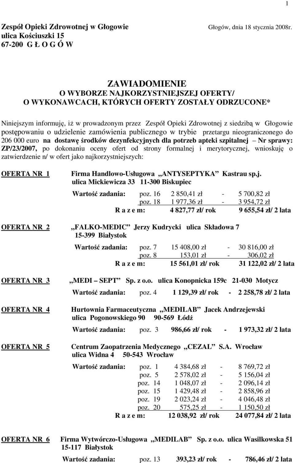 Zdrowotnej z siedzibą w Głogowie postępowaniu o udzielenie zamówienia publicznego w trybie przetargu nieograniczonego do 20 000 euro na dostawę środków dezynfekcyjnych dla potrzeb apteki szpitalnej