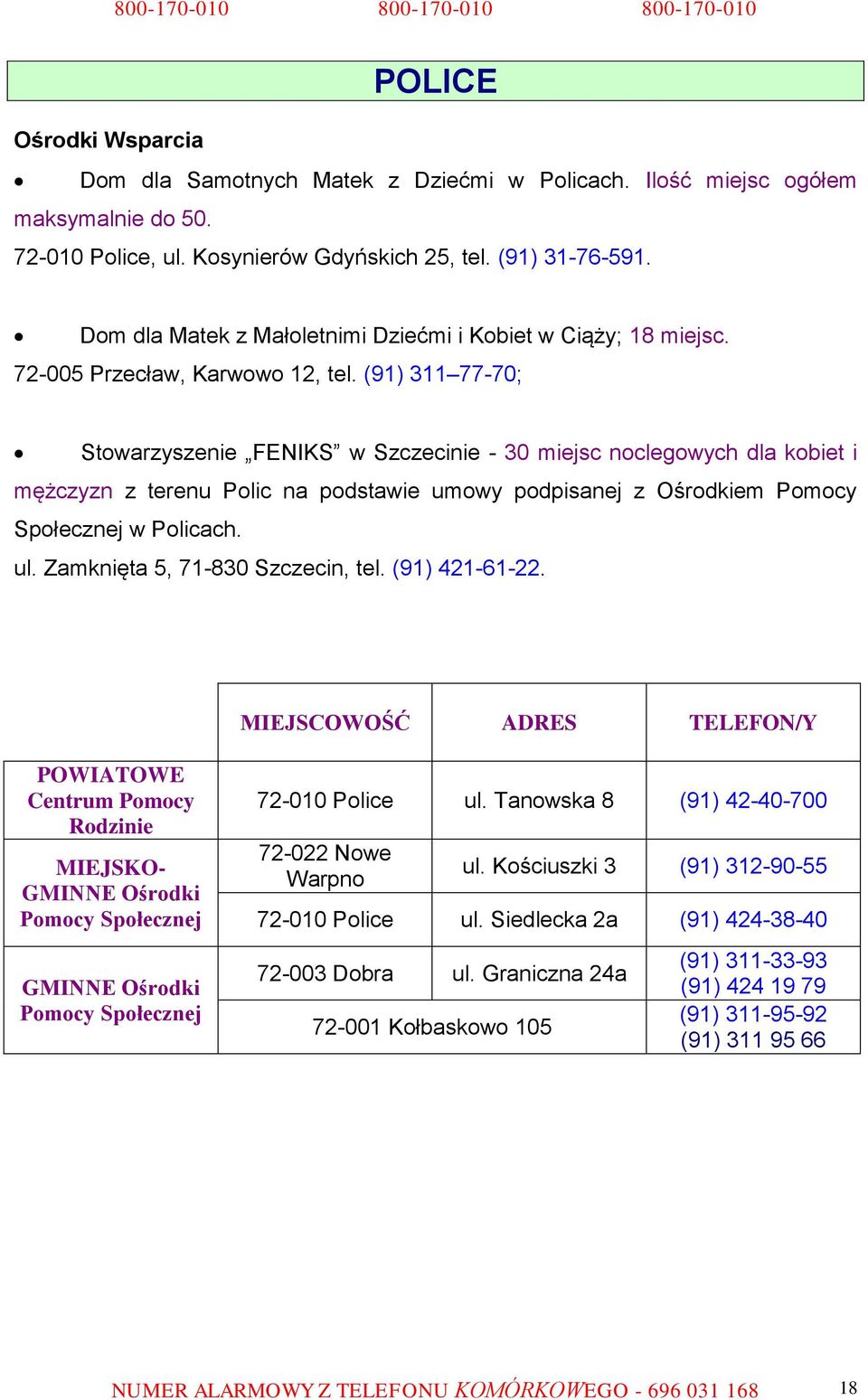 (91) 311 77-70; Stowarzyszenie FENIKS w Szczecinie - 30 miejsc noclegowych dla kobiet i mężczyzn z terenu Polic na podstawie umowy podpisanej z Ośrodkiem Pomocy Społecznej w Policach. ul.