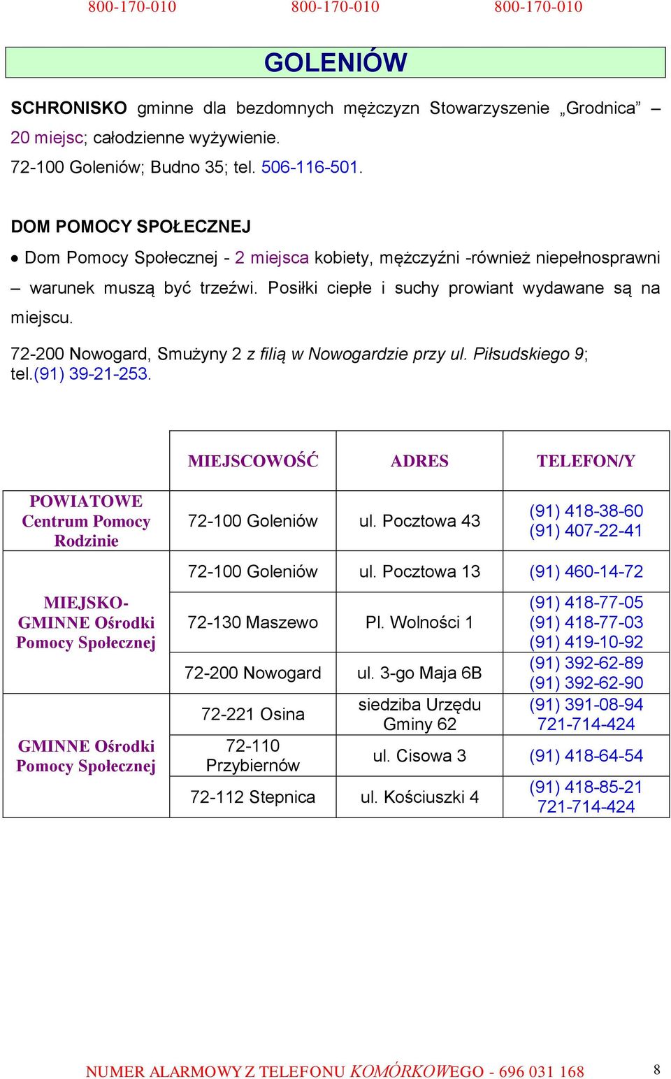 72-200 Nowogard, Smużyny 2 z filią w Nowogardzie przy ul. Piłsudskiego 9; tel.(91) 39-21-253. 72-100 Goleniów ul. Pocztowa 43 (91) 418-38-60 (91) 407-22-41 72-100 Goleniów ul.