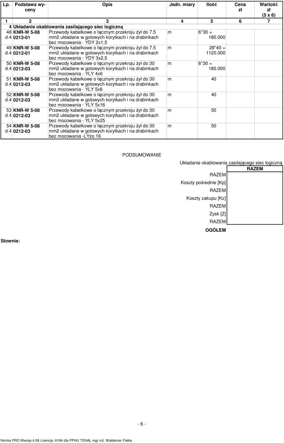 5 bez mocowania - YDY 3x2,5 Przewody kabelkowe o łącznym przekroju żył do 30 bez mocowania - YLY 4x6 Przewody kabelkowe o łącznym przekroju żył do 30 bez mocowania - YLY 5x6 Przewody kabelkowe o