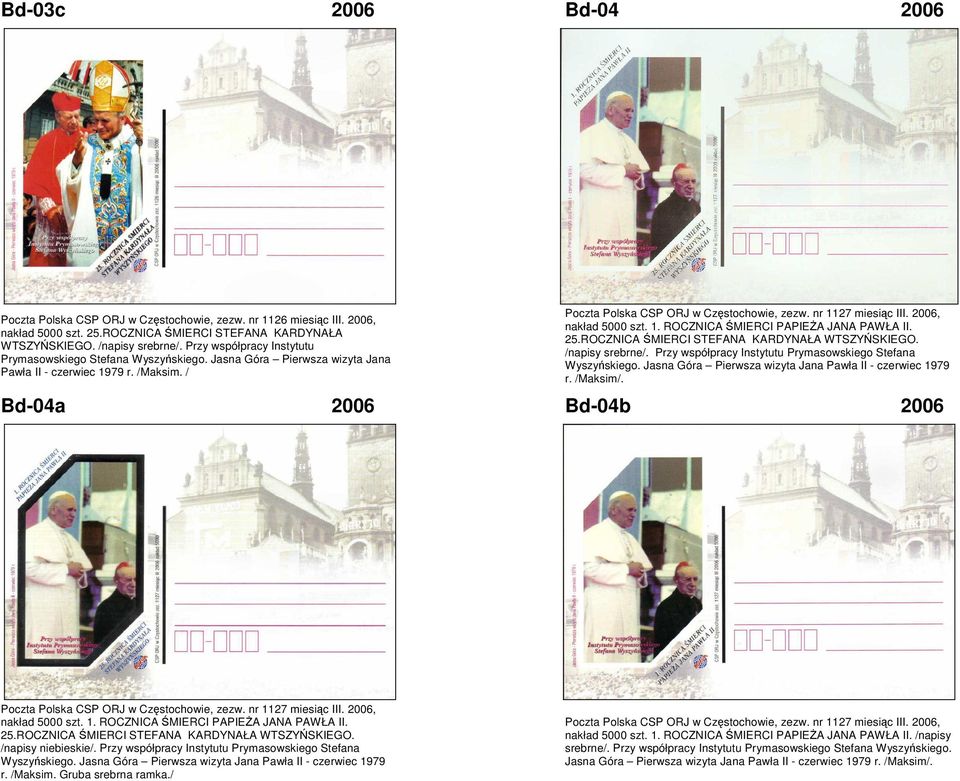 2006, nakład 5000 szt. 1. ROCZNICA ŚMIERCI PAPIEŻA JANA PAWŁA II. 25.ROCZNICA ŚMIERCI STEFANA KARDYNAŁA WTSZYŃSKIEGO. /napisy srebrne/. Przy współpracy Instytutu Prymasowskiego Stefana Wyszyńskiego.