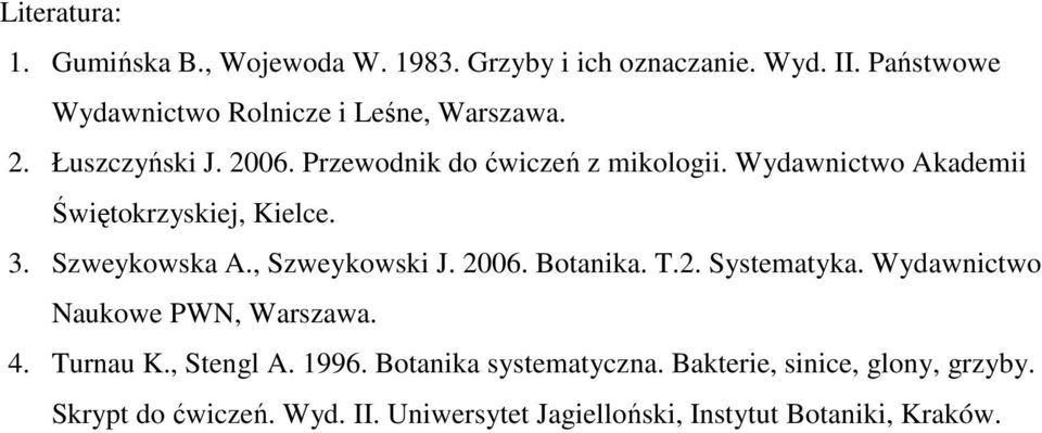 Wydawnictwo Akademii Świętokrzyskiej, Kielce. 3. Szweykowska A., Szweykowski J. 2006. Botanika. T.2. Systematyka.