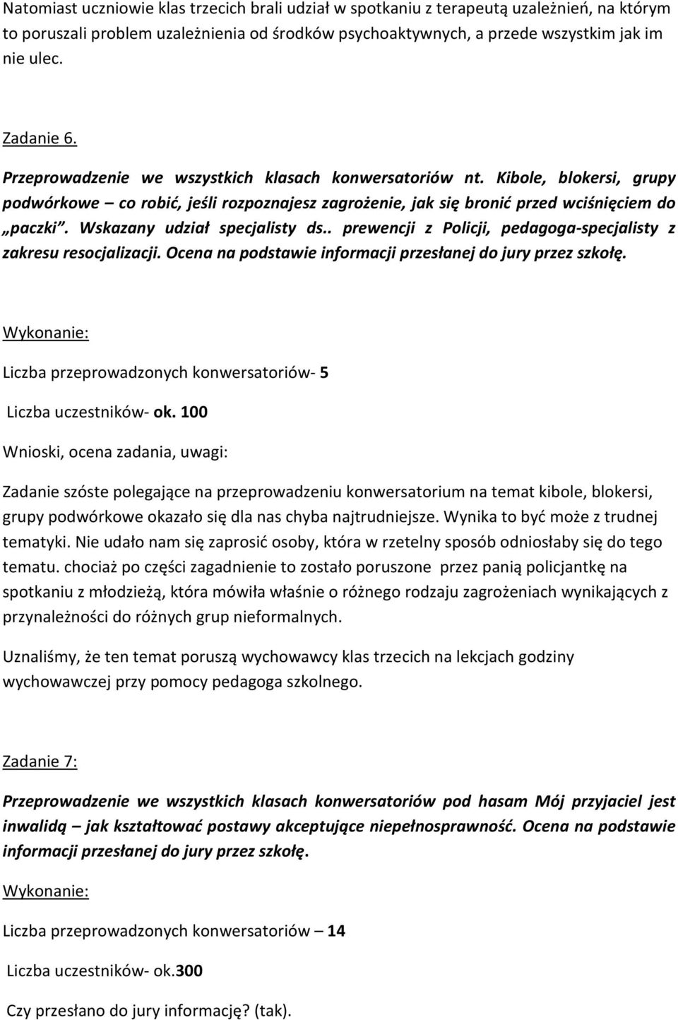 Wskazany udział specjalisty ds.. prewencji z Policji, pedagoga-specjalisty z zakresu resocjalizacji. Ocena na podstawie informacji przesłanej do jury przez szkołę.