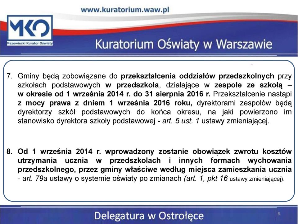 Przekształcenie nastąpi z mocy prawa z dniem 1 września 2016 roku, dyrektorami zespołów będą dyrektorzy szkół podstawowych do końca okresu, na jaki powierzono im stanowisko dyrektora