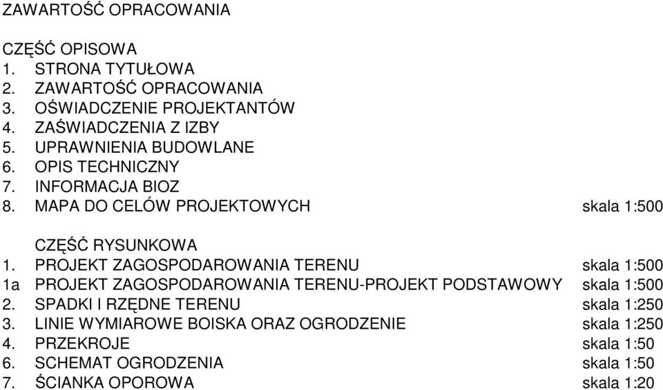 PROJEKT ZAGOSPODAROWANIA TERENU skala 1:500 1a PROJEKT ZAGOSPODAROWANIA TERENU-PROJEKT PODSTAWOWY skala 1:500 2.