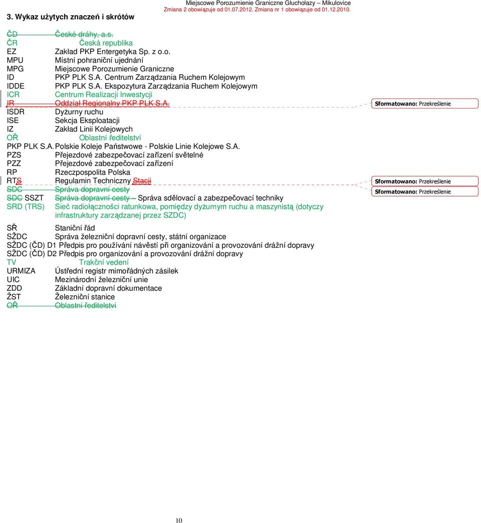 A. Polskie Koleje Państwowe - Polskie Linie Kolejowe S.A. PZS Přejezdové zabezpečovací zařízení světelné PZZ Přejezdové zabezpečovací zařízení RP Rzeczpospolita Polska RTS Regulamin Techniczny Stacji