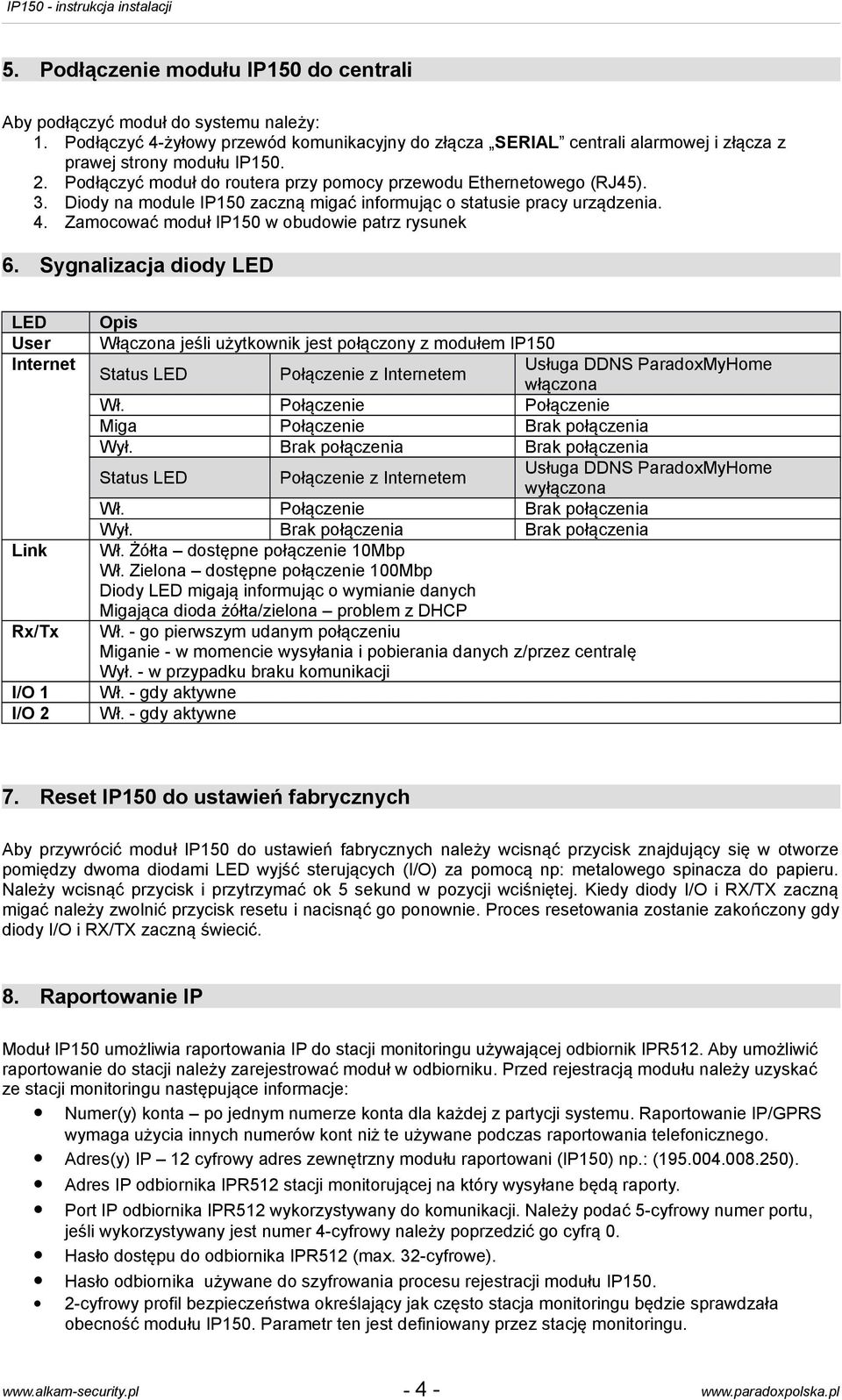 Sygnalizacja diody LED LED User Internet Link Rx/Tx I/O 1 I/O 2 Opis Włączona jeśli użytkownik jest połączony z modułem IP150 Status LED Połączenie z Internetem Usługa DDNS ParadoxMyHome włączona Wł.