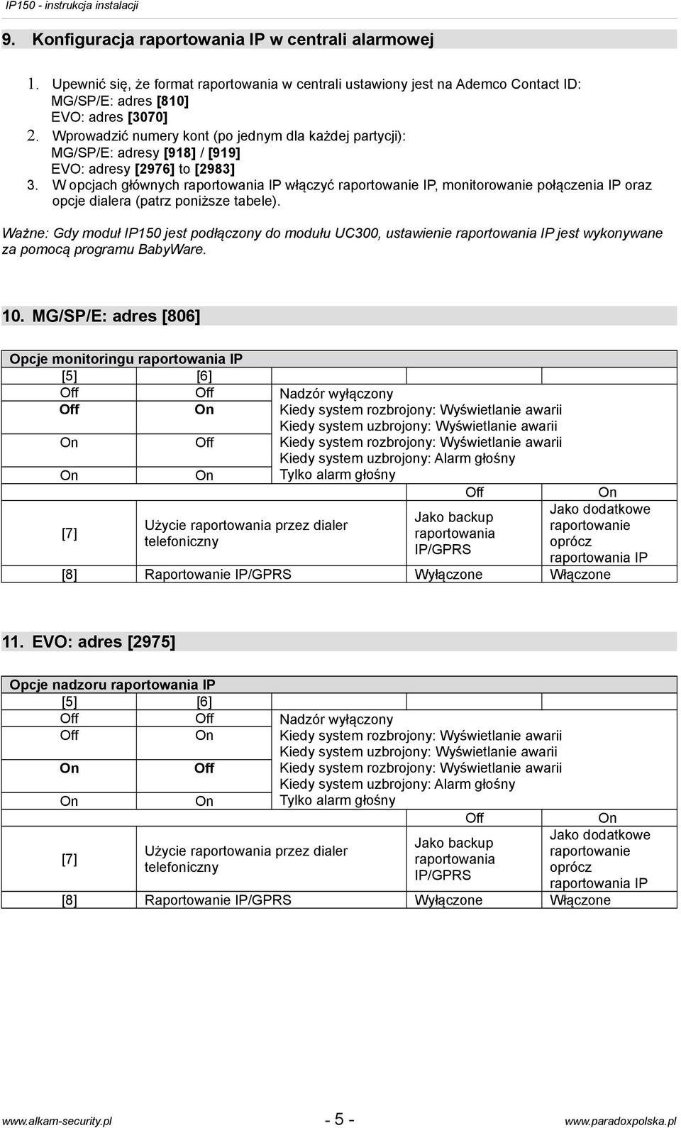 W opcjach głównych raportowania IP włączyć raportowanie IP, monitorowanie połączenia IP oraz opcje dialera (patrz poniższe tabele).