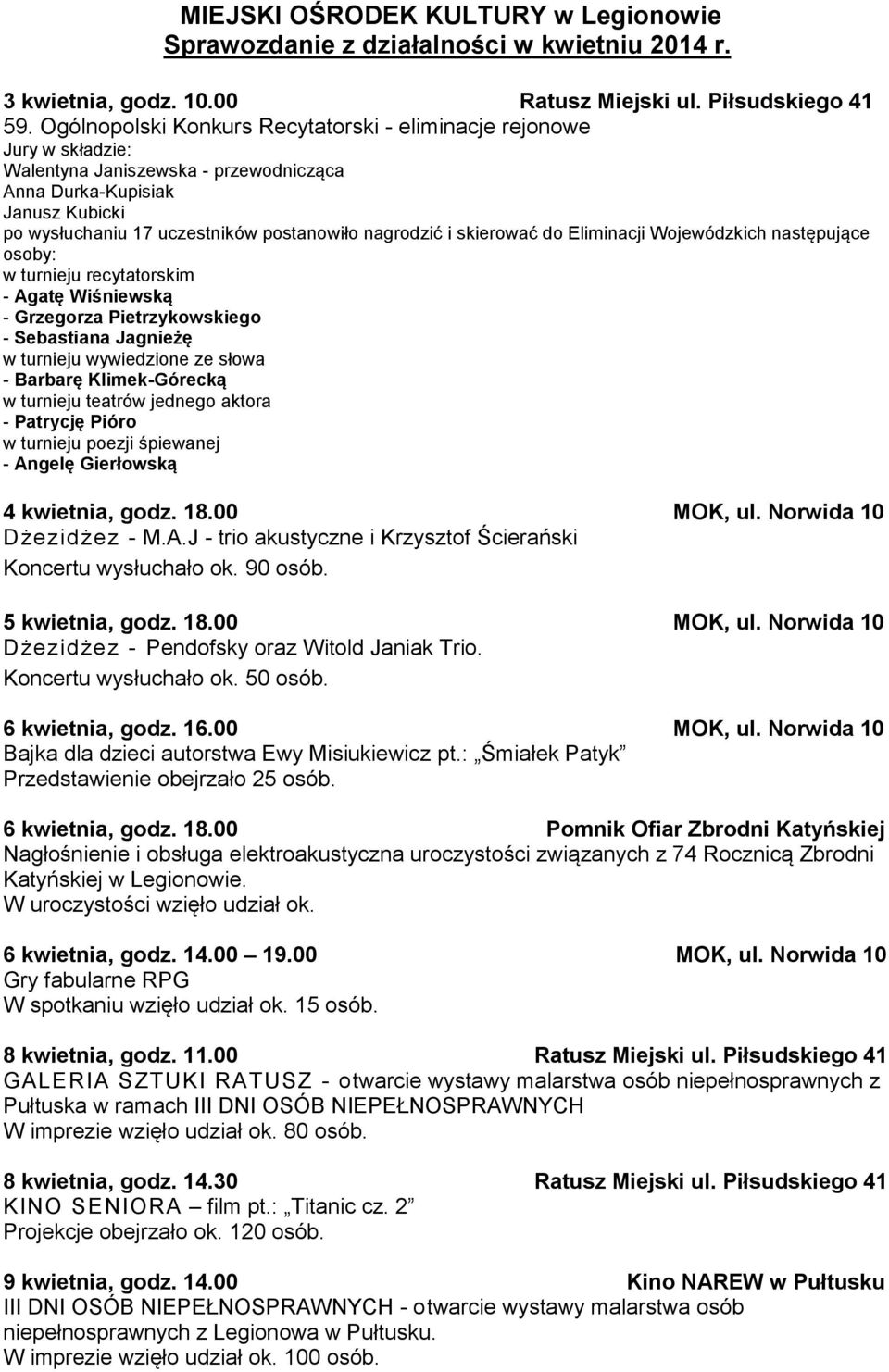 i skierować do Eliminacji Wojewódzkich następujące osoby: w turnieju recytatorskim - Agatę Wiśniewską - Grzegorza Pietrzykowskiego - Sebastiana Jagnieżę w turnieju wywiedzione ze słowa - Barbarę