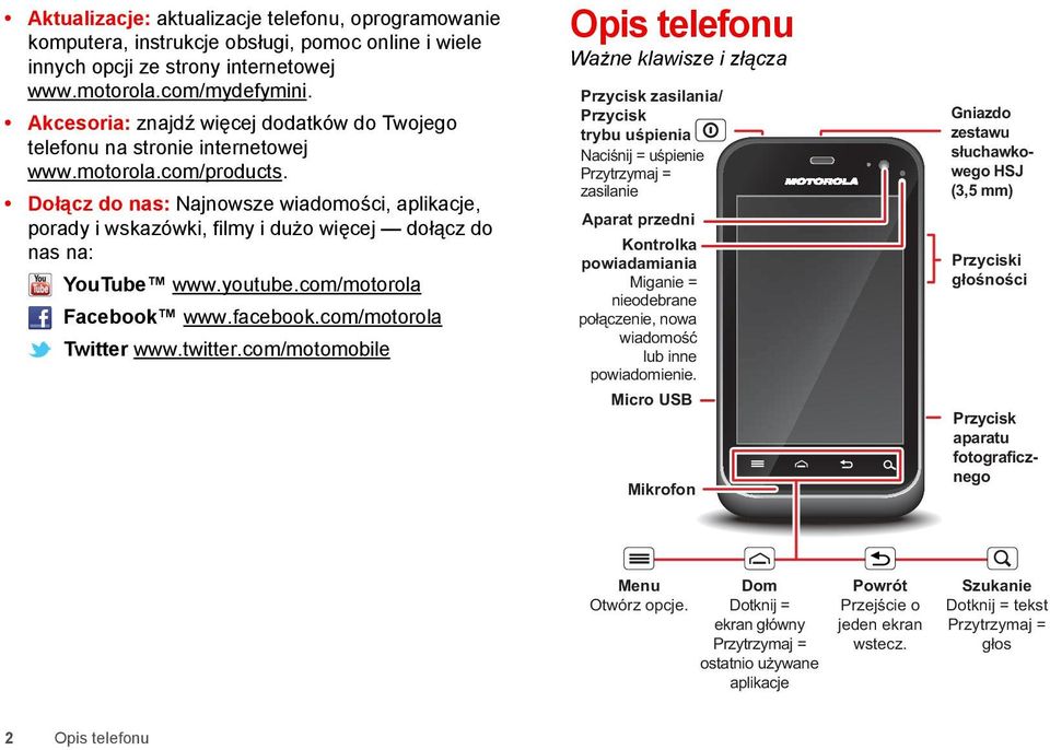 Dołącz do nas: Najnowsze wiadomości, aplikacje, porady i wskazówki, filmy i dużo więcej dołącz do nas na: YouTube www.youtube.com/motorola Facebook www.facebook.com/motorola Twitter www.twitter.