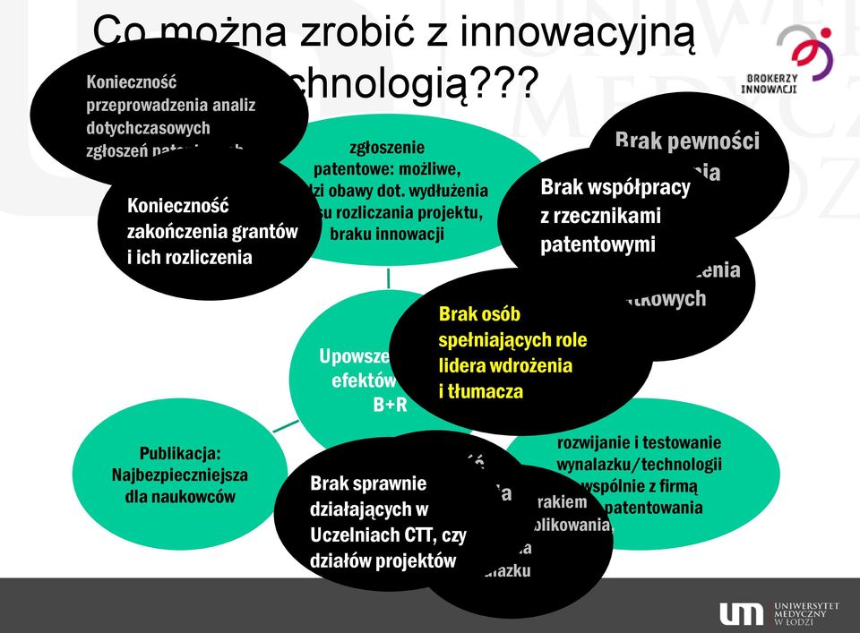 wydłużenia czasu rozliczania projektu, braku innowacji Brak osób spełniających role Upowszechnianie lidera wdrożenia efektów badań i tłumacza B+R Brak pewności rozliczenia Brak współpracy z