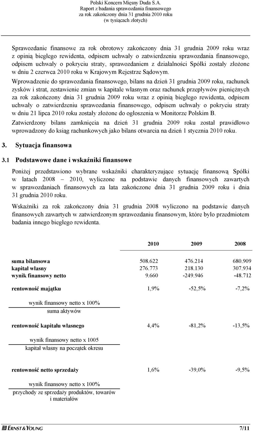 Wprowadzenie do sprawozdania finansowego, bilans na dzień 31 grudnia 2009 roku, rachunek zysków i strat, zestawienie zmian w kapitale własnym oraz rachunek przepływów pieniężnych za rok zakończony