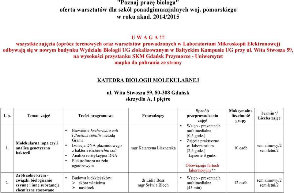 przy ul. Wita Stwosza 59, na wysokości przystanku SKM Gdańsk Przymorze - Uniwersytet mapka do pobrania ze strony KATEDRA BIOLOGII MOLEKULARNEJ skrzydło A, I piętro L.p. Temat Treści programowe Prowadzący 2.