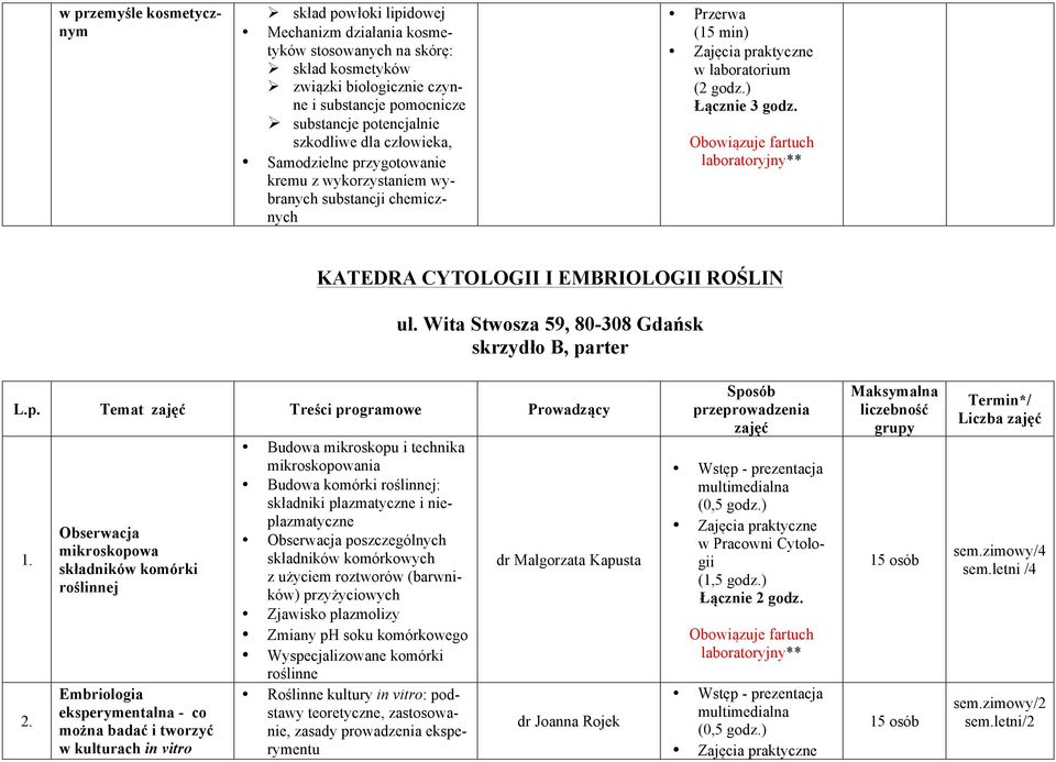 KATEDRA CYTOLOGII I EMBRIOLOGII ROŚLIN skrzydło B, parter L.p. Temat Treści programowe Prowadzący 2.