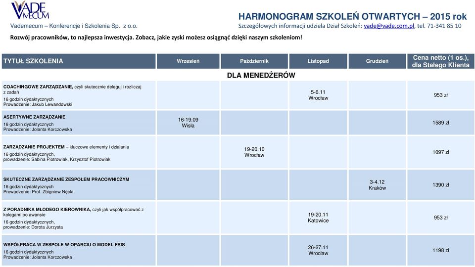 09 Wisła 1589 zł ZARZĄDZANIE PROJEKTEM kluczowe elementy i działania, prowadzenie: Sabina Piotrowiak, Krzysztof Piotrowiak 19-20.