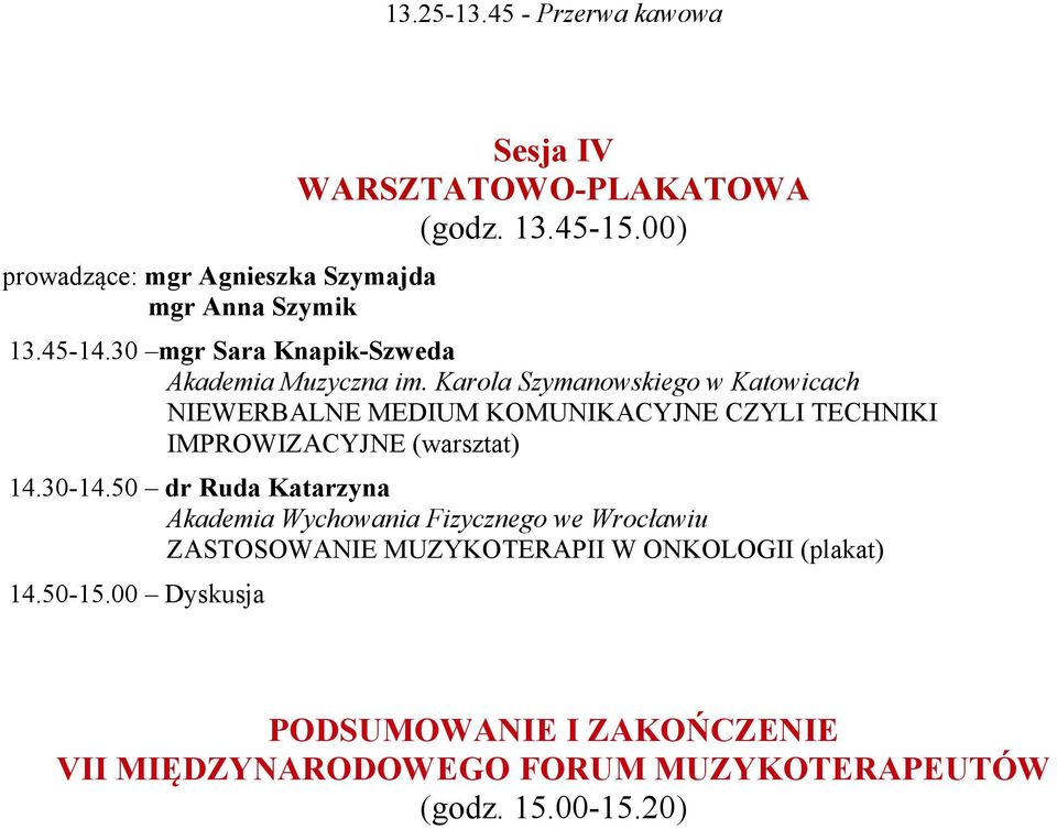 Karola Szymanowskiego w Katowicach NIEWERBALNE MEDIUM KOMUNIKACYJNE CZYLI TECHNIKI IMPROWIZACYJNE (warsztat) 14.30-14.