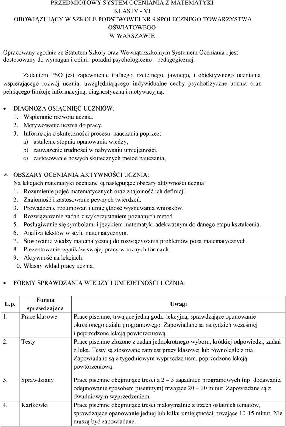 Zadaniem PSO jest zapewnienie trafnego, rzetelnego, jawnego, i obiektywnego oceniania wspierającego rozwój ucznia, uwzględniającego indywidualne cechy psychofizyczne ucznia oraz pełniącego funkcję