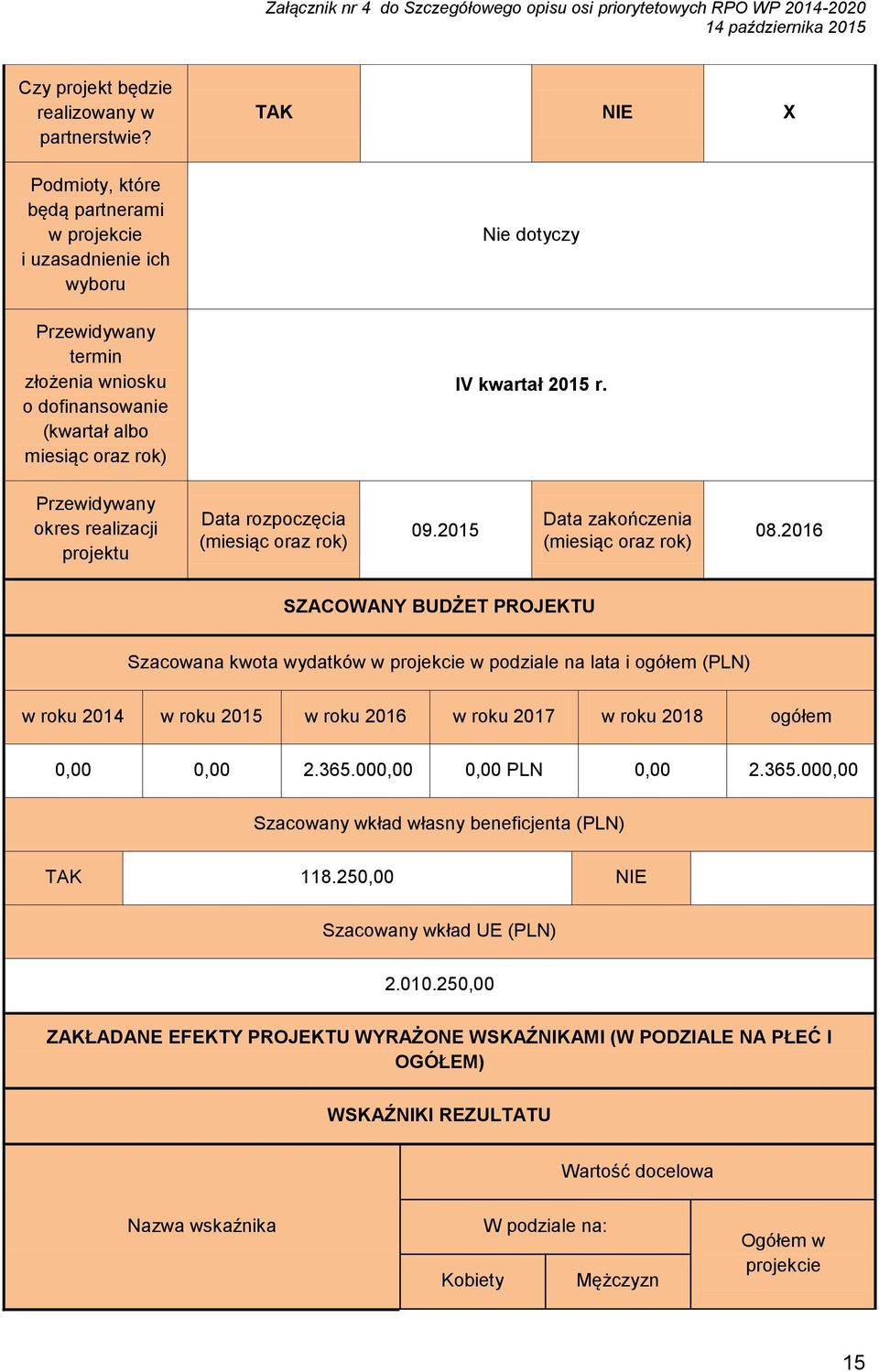 Przewidywany okres realizacji Data rozpoczęcia (miesiąc oraz rok) 09.2015 Data zakończenia (miesiąc oraz rok) 08.