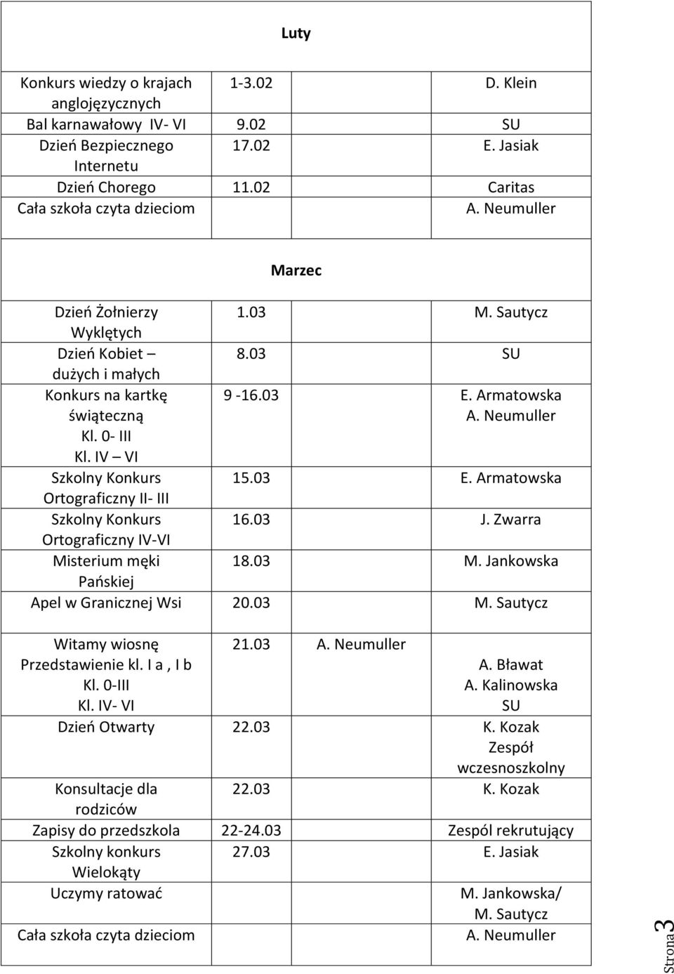 03 J. Zwarra Ortograficzny IV-VI Misterium męki 18.03 M. Jankowska Pańskiej Apel w Granicznej Wsi 20.03 Witamy wiosnę Przedstawienie kl. I a, I b Kl. 0-III Kl. IV- VI 21.03 SU Dzień Otwarty 22.