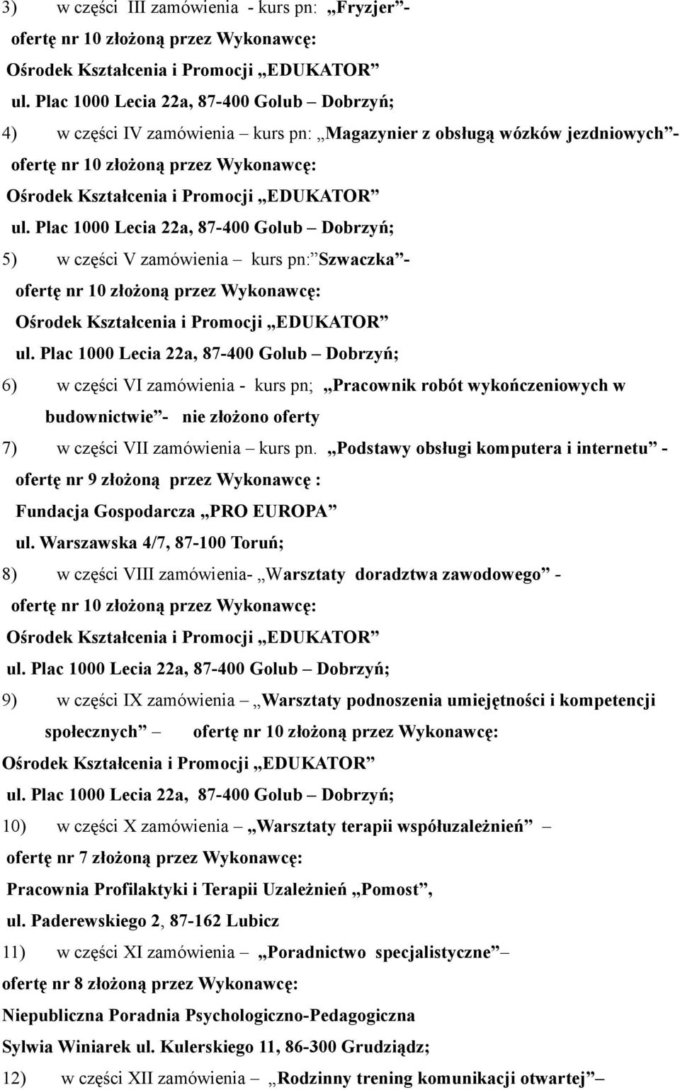 Plac 00 Lecia 22a, 7-400 Golub Dobrzyń; 5) w części V zamówienia kurs pn: Szwaczka - ofertę nr złożoną przez Wykonawcę: ul.